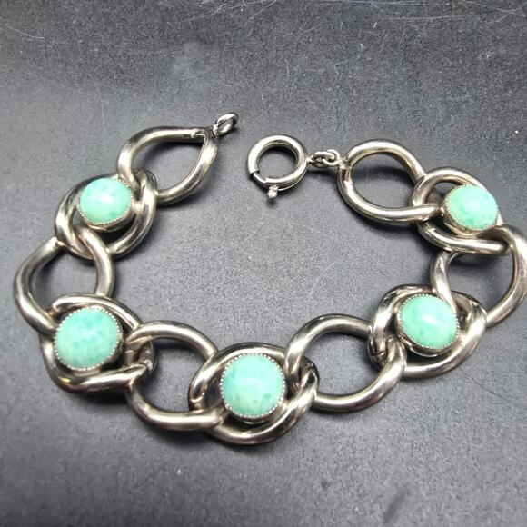 Peking Glass Bracelet Silver Tone Chain Link Vintage Teal Green Blue Jewelry - Picture 7 of 10